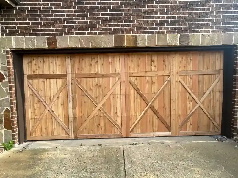 Cedar X-pattern double garage door in Plano, TX