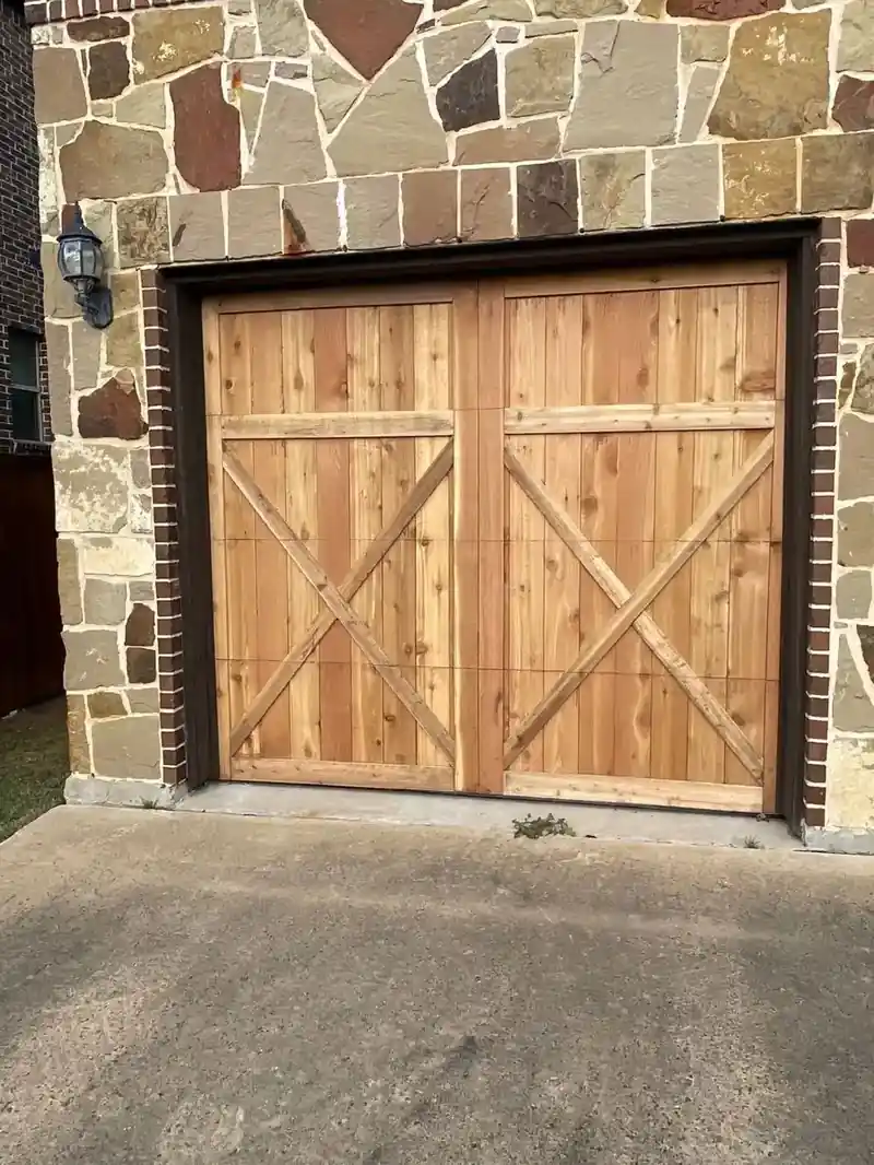 Cedar X-pattern single garage door in North Dallas, TX