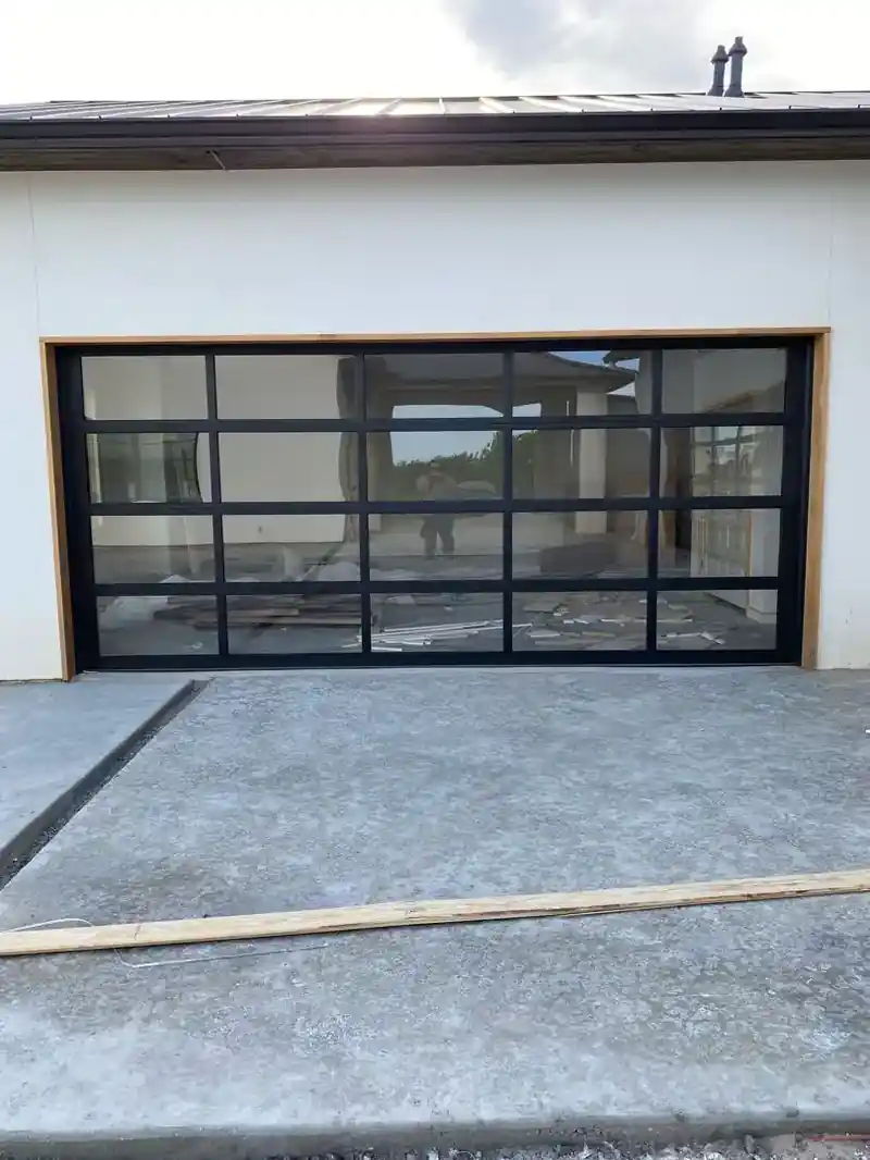18x8 black Amarr Vista full view glass garage door exterior