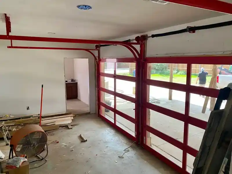 Red glass garage door in Carrollton, TX