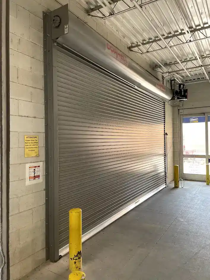 Cornell rolling steel door wide view at Dallas commercial property
